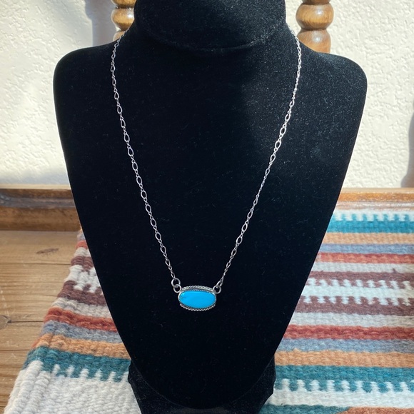 Jewelry - Silver Chain Necklace with Bright Turquoise Oval Stone Pendant